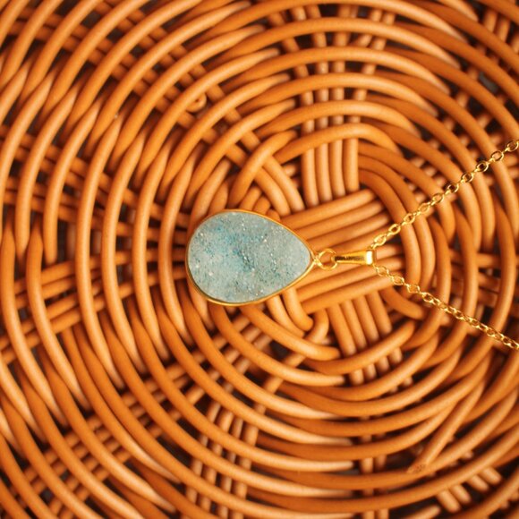 Teardrop Aqua Druzy Stone Necklace – Gold Trim Sparkle Pendant - Picture 3 of 3